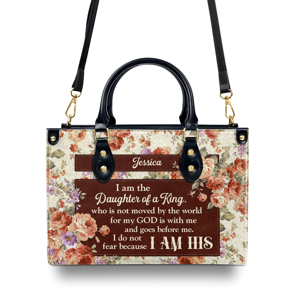 Personalized Christian Leather Handbag, Floral Scripture Purse, Daughter of a King I Am His Bible Verse Bag for Women BLAF46